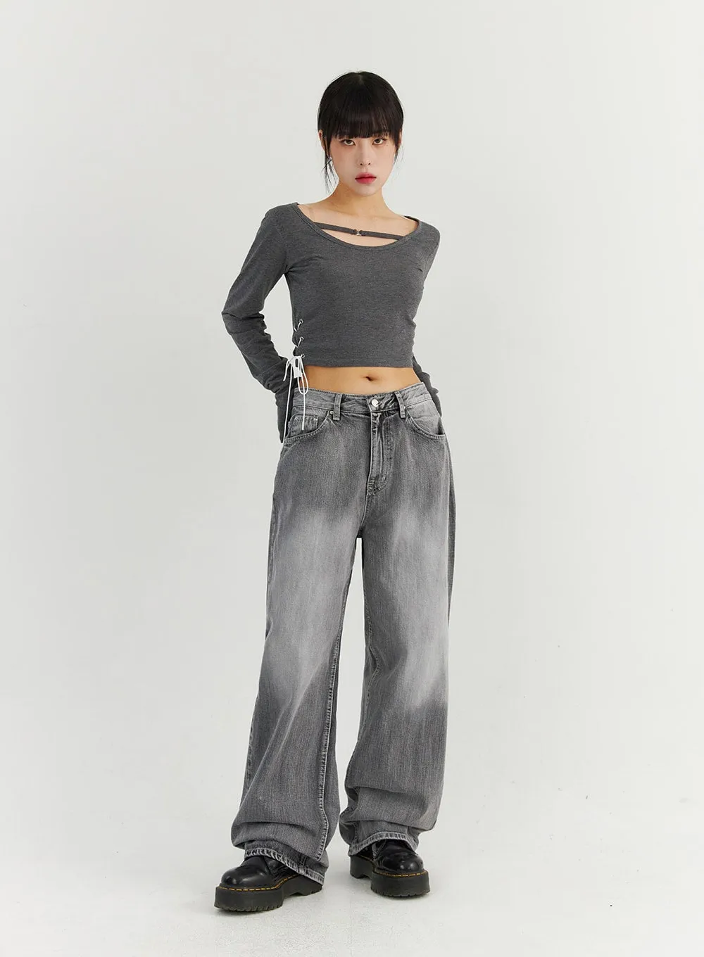 Grey Washed Wide Leg Jeans CO323