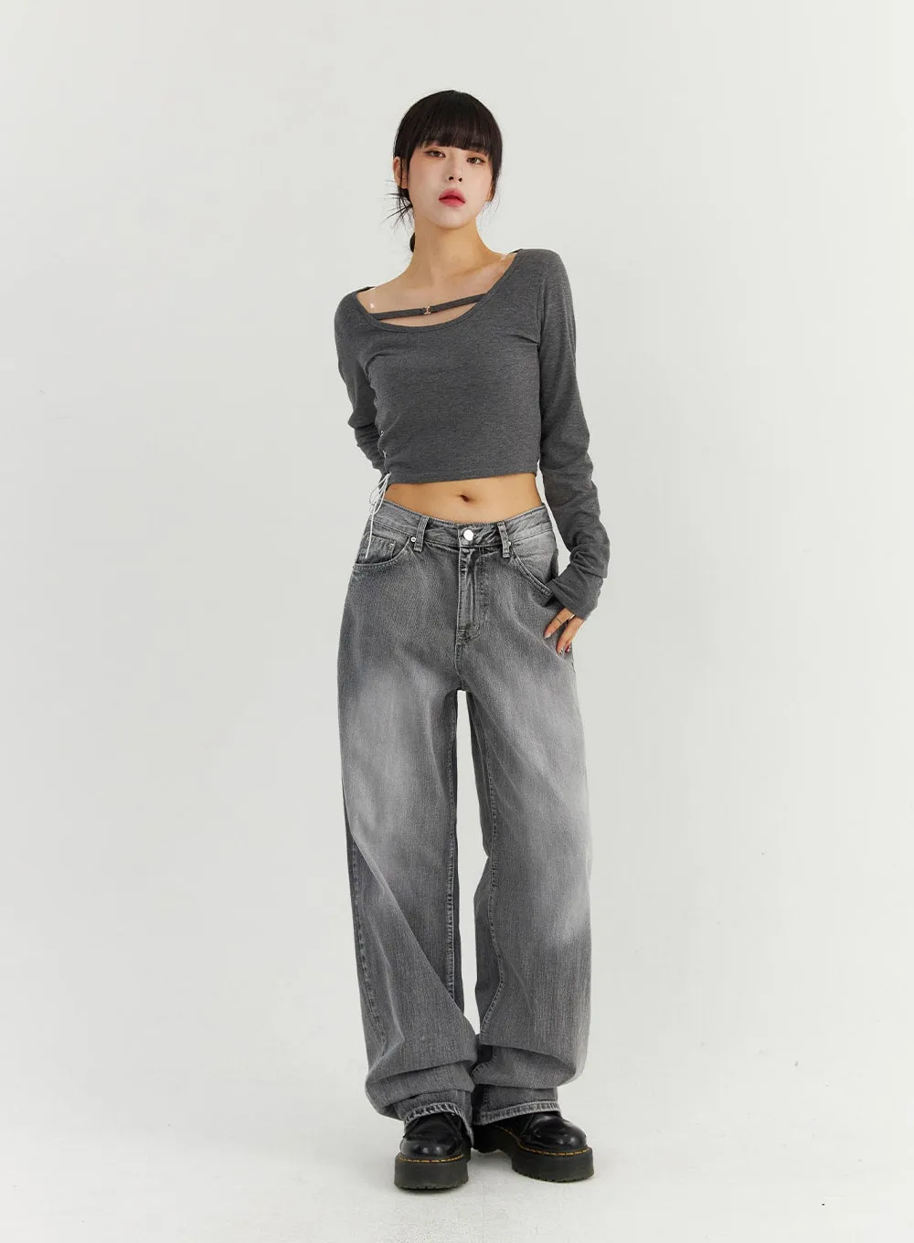 Grey Washed Wide Leg Jeans CO323