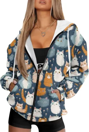 Irisjudy Black Cat Women's Full Zip Up Hoodie LGBT Love Oversized Sweatshirts Street Graffiti Fall Y2K Hoodies with Pockets