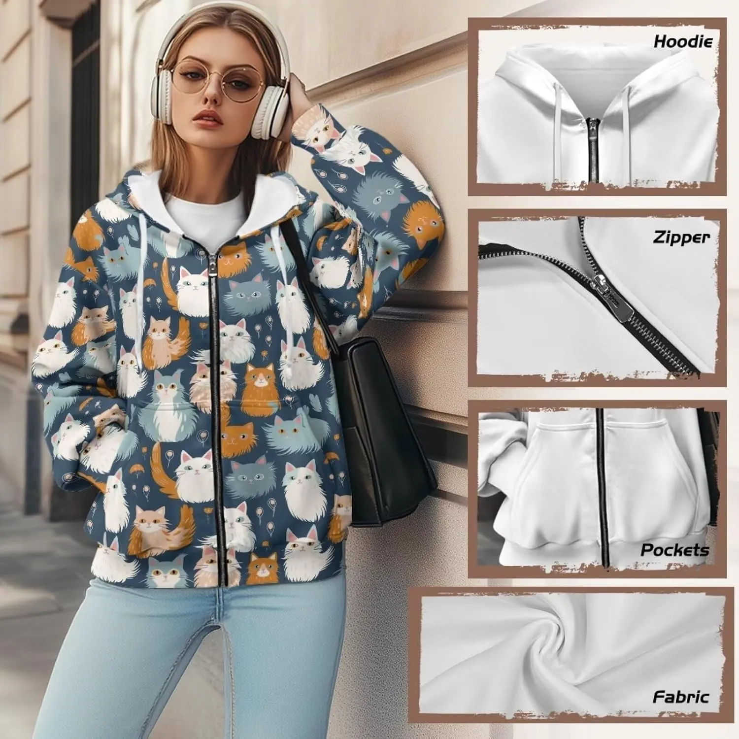 Irisjudy Black Cat Women's Full Zip Up Hoodie LGBT Love Oversized Sweatshirts Street Graffiti Fall Y2K Hoodies with Pockets