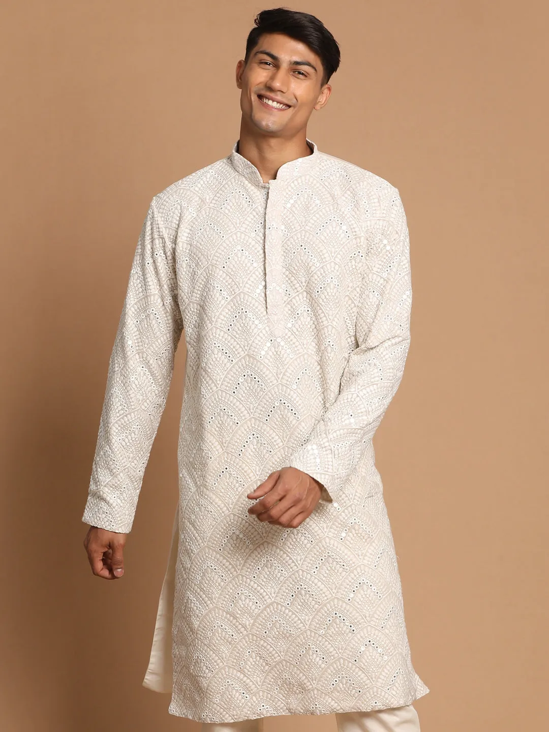 Jashvi Men's Gray Ethnic Mirror Kurta