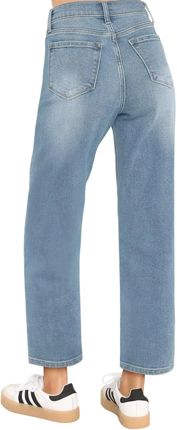 KDF Women's Cropped Straight Leg Jeans - High Waisted Jeans for Women 7/8 Length Denim Pants with Crop Hem