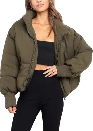 Lianlive Womens Cropped Puffer Jacket Oversized Black Short Puffy Winter Coat