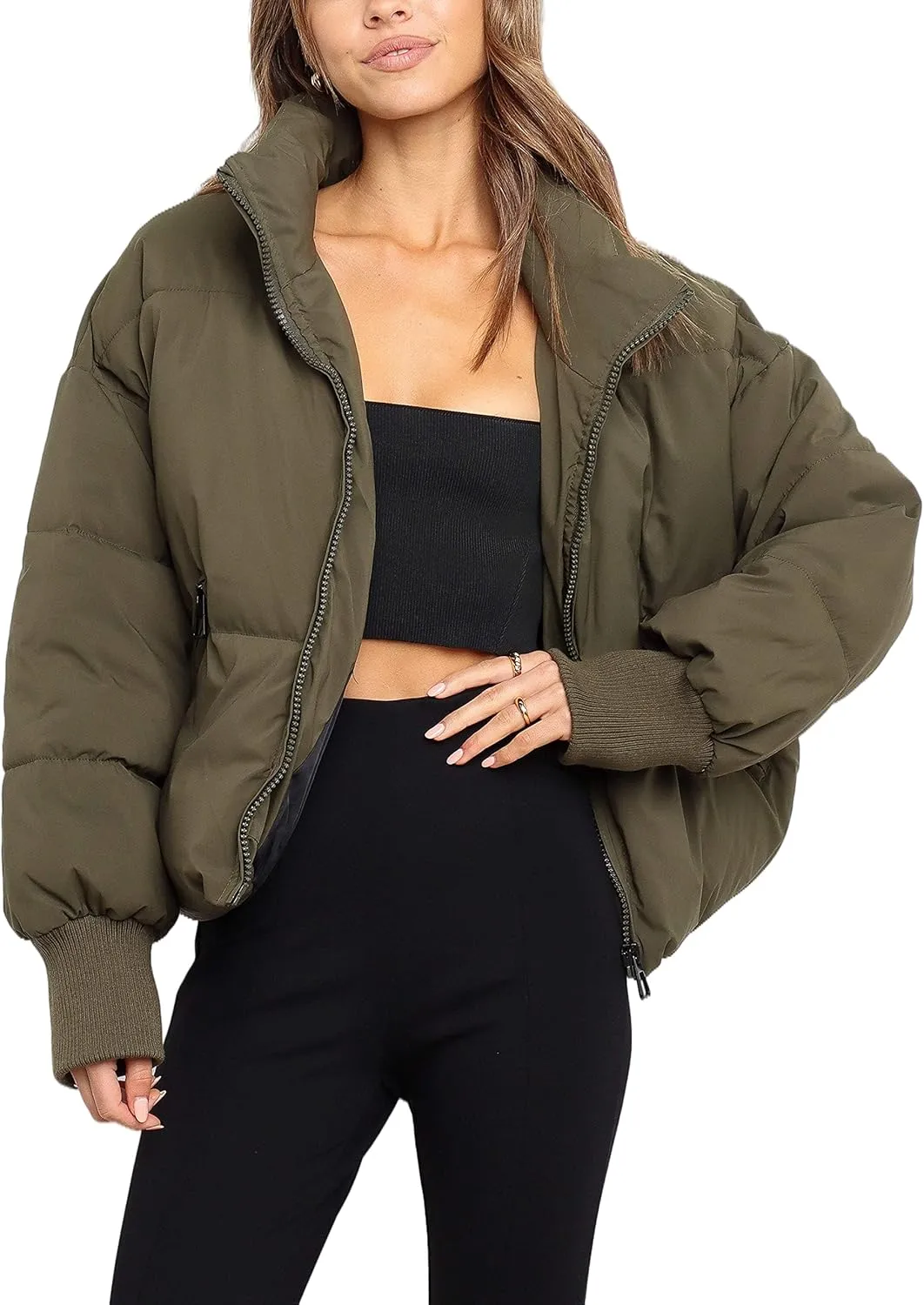 Lianlive Womens Cropped Puffer Jacket Oversized Black Short Puffy Winter Coat