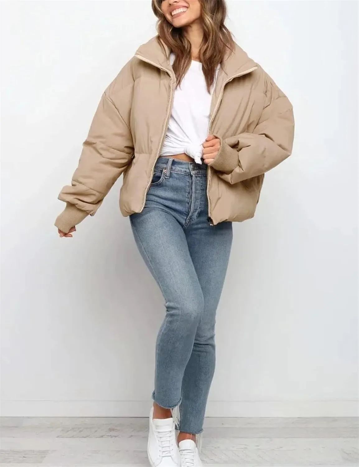 Lianlive Womens Cropped Puffer Jacket Oversized Black Short Puffy Winter Coat