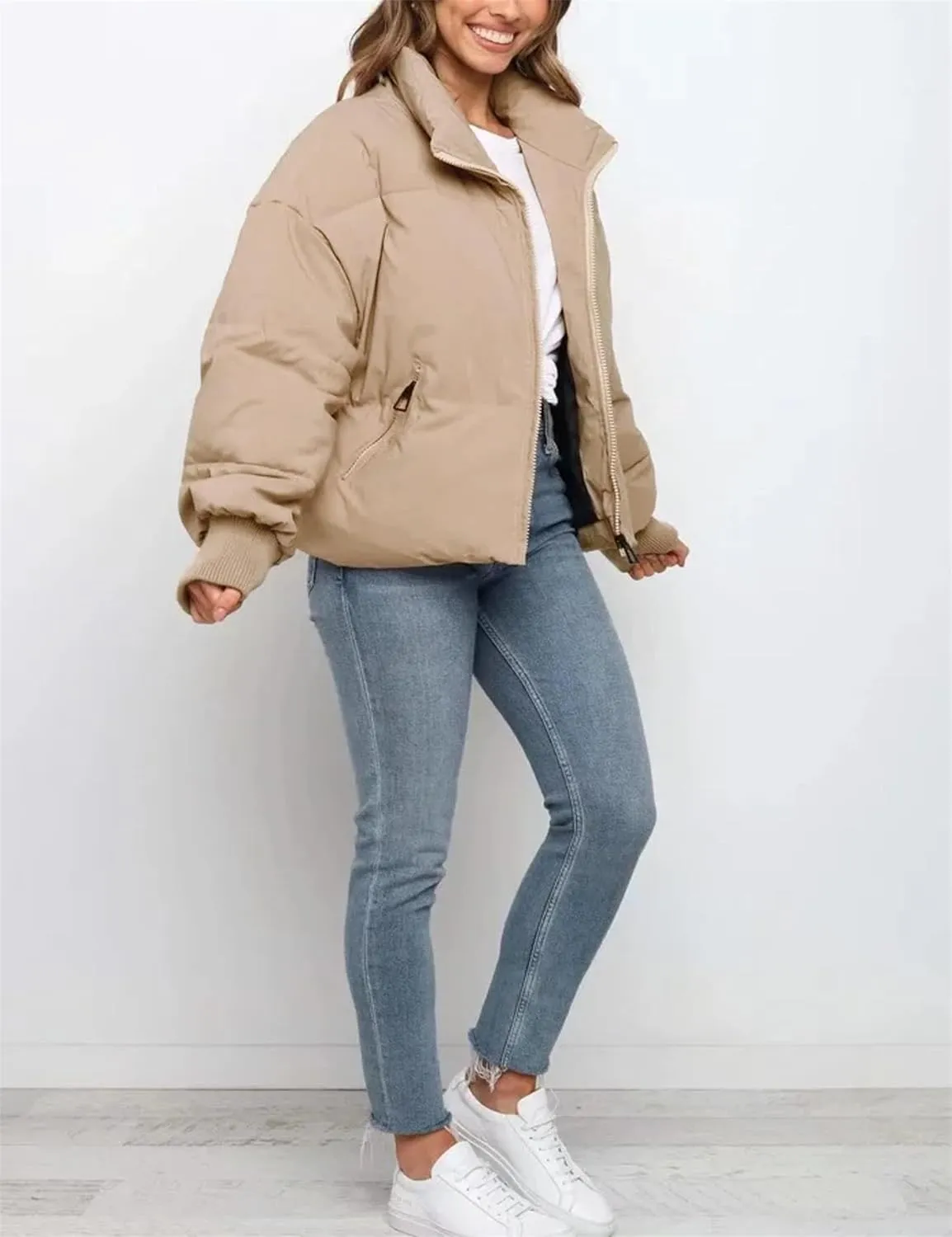 Lianlive Womens Cropped Puffer Jacket Oversized Black Short Puffy Winter Coat