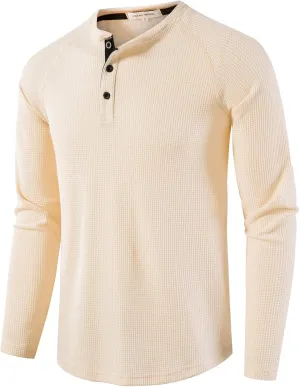 LOCALMODE Men's Casual Crew Neck Long Sleeve T Shirts of Waffle Henley