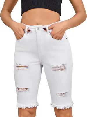 LONGYIDA Womens Jean Shorts High Waisted Denim Bermuda Shorts Ripped Distressed Knee Length Stretch Denim Jean Short
