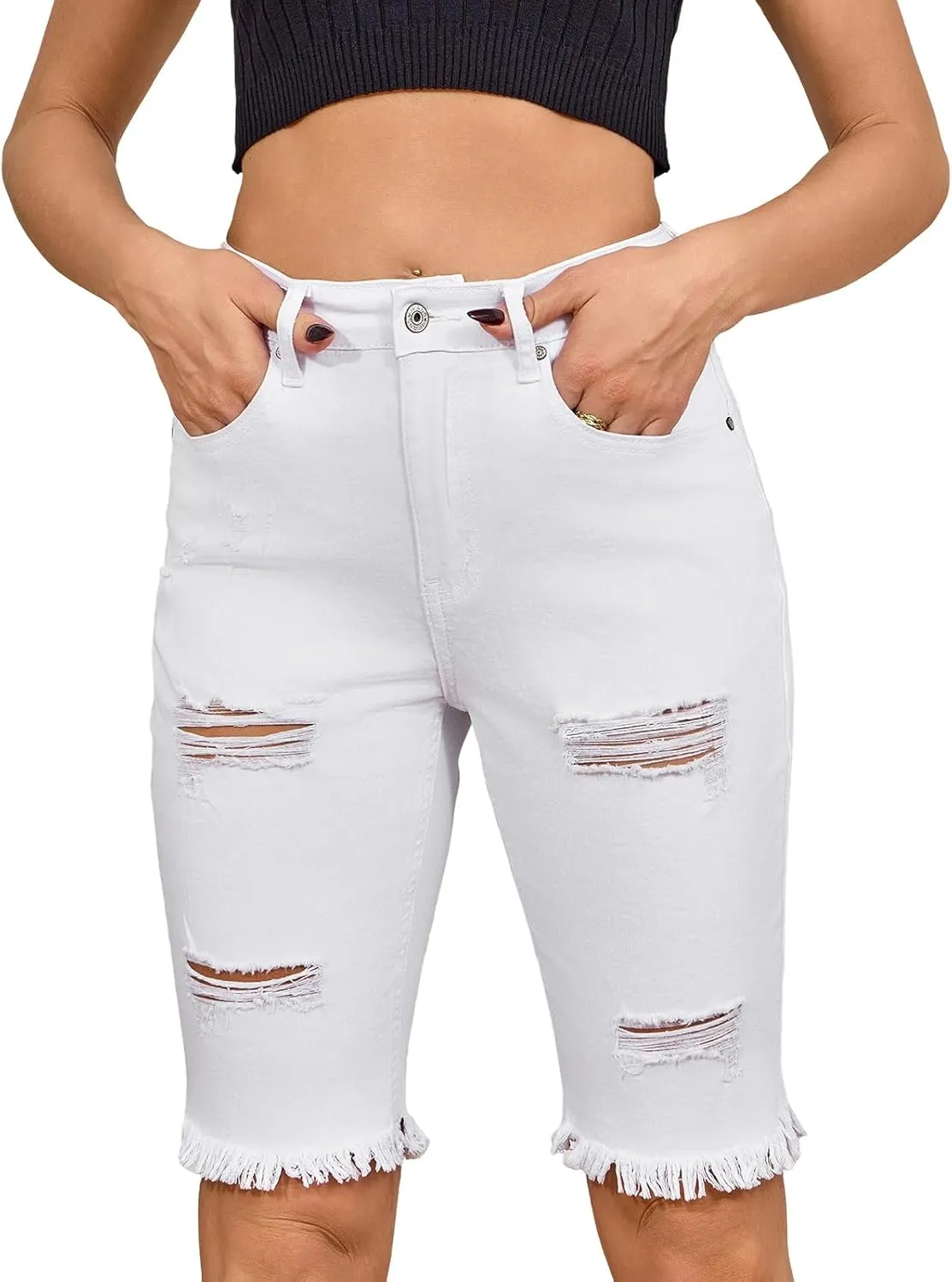 LONGYIDA Womens Jean Shorts High Waisted Denim Bermuda Shorts Ripped Distressed Knee Length Stretch Denim Jean Short