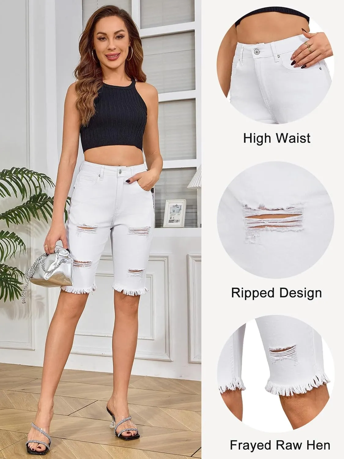 LONGYIDA Womens Jean Shorts High Waisted Denim Bermuda Shorts Ripped Distressed Knee Length Stretch Denim Jean Short