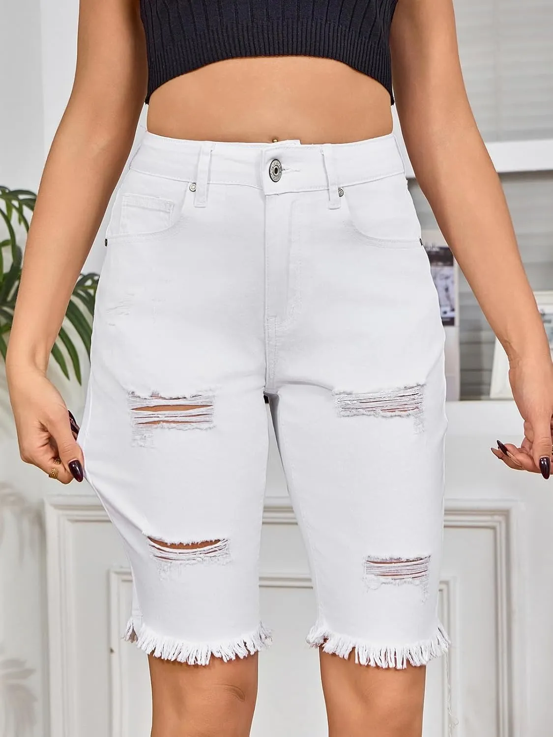 LONGYIDA Womens Jean Shorts High Waisted Denim Bermuda Shorts Ripped Distressed Knee Length Stretch Denim Jean Short