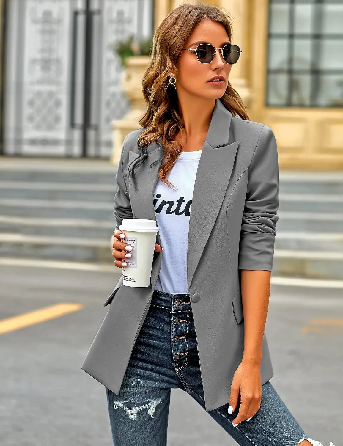 luvamia Women's Casual Long Sleeve Lapel Button Slim Work Office Blazer Jacket