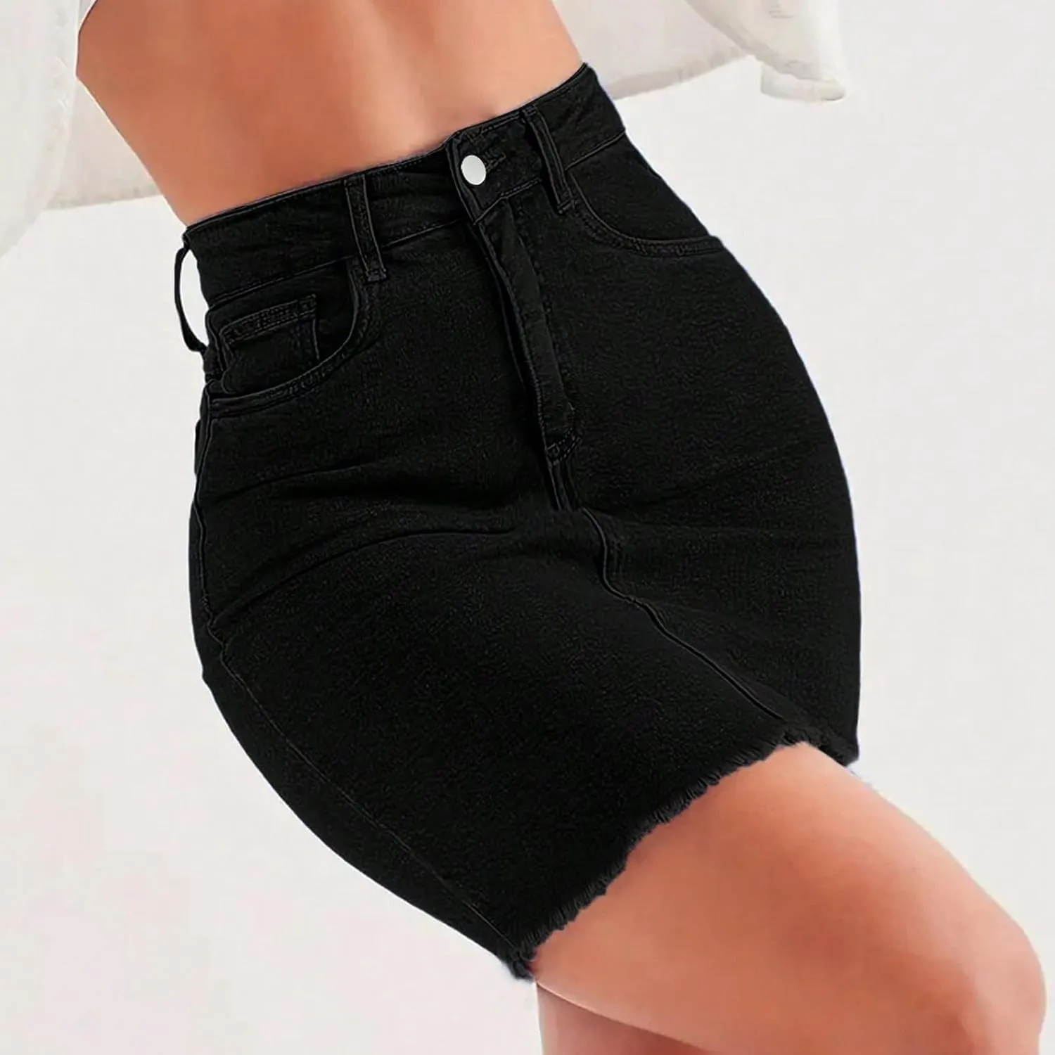 Mini Denim Skirt Women Bodycon Raw Hem Stretch High Waisted Summer Frayed Button A Line Short Skirts with Pockets