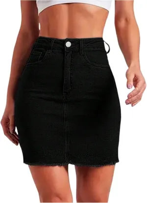 Mini Denim Skirt Women Bodycon Raw Hem Stretch High Waisted Summer Frayed Button A Line Short Skirts with Pockets
