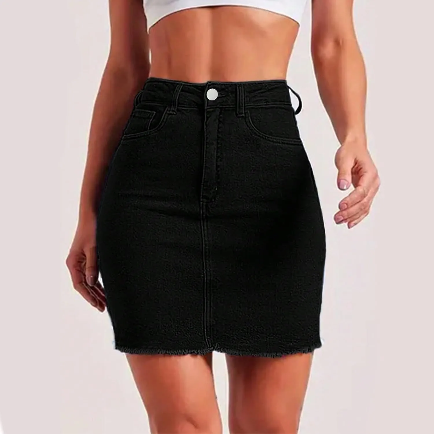 Mini Denim Skirt Women Bodycon Raw Hem Stretch High Waisted Summer Frayed Button A Line Short Skirts with Pockets