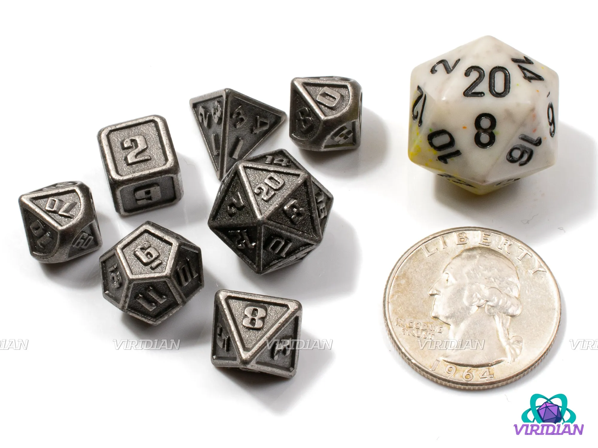 Mini Plated Silver (Distressed) | Tarnished/Aged Gray-Steel and Charcoal | Metal Dice Set (7)
