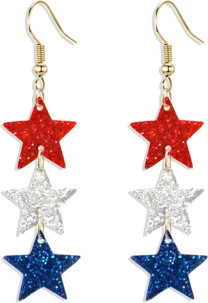 Patriotic 4th of July Independence Day Sparkling Glitter Star-Drop Earrings for Women - Red White Blue USA Flag Dangle Accessories