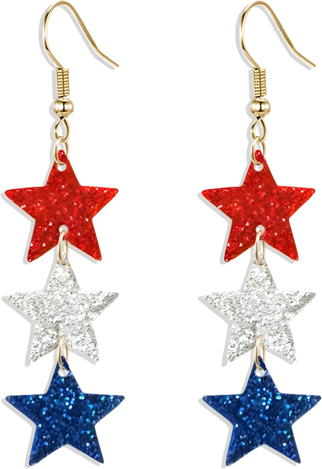 Patriotic 4th of July Independence Day Sparkling Glitter Star-Drop Earrings for Women - Red White Blue USA Flag Dangle Accessories