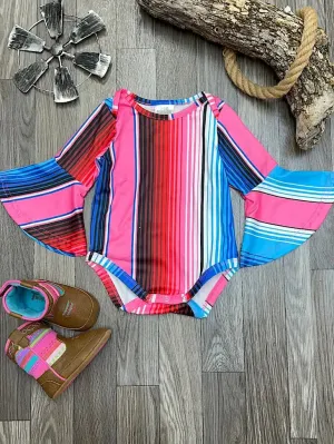 Pink Tone Serape Printed Baby Onesie With Snaps & Bell Slveeves