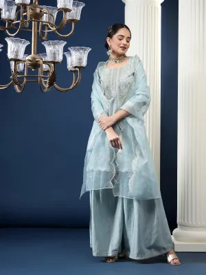 Rajwah Silk Women Grey Embroidered Kurta Dupatta Set with Flared Palazzo
