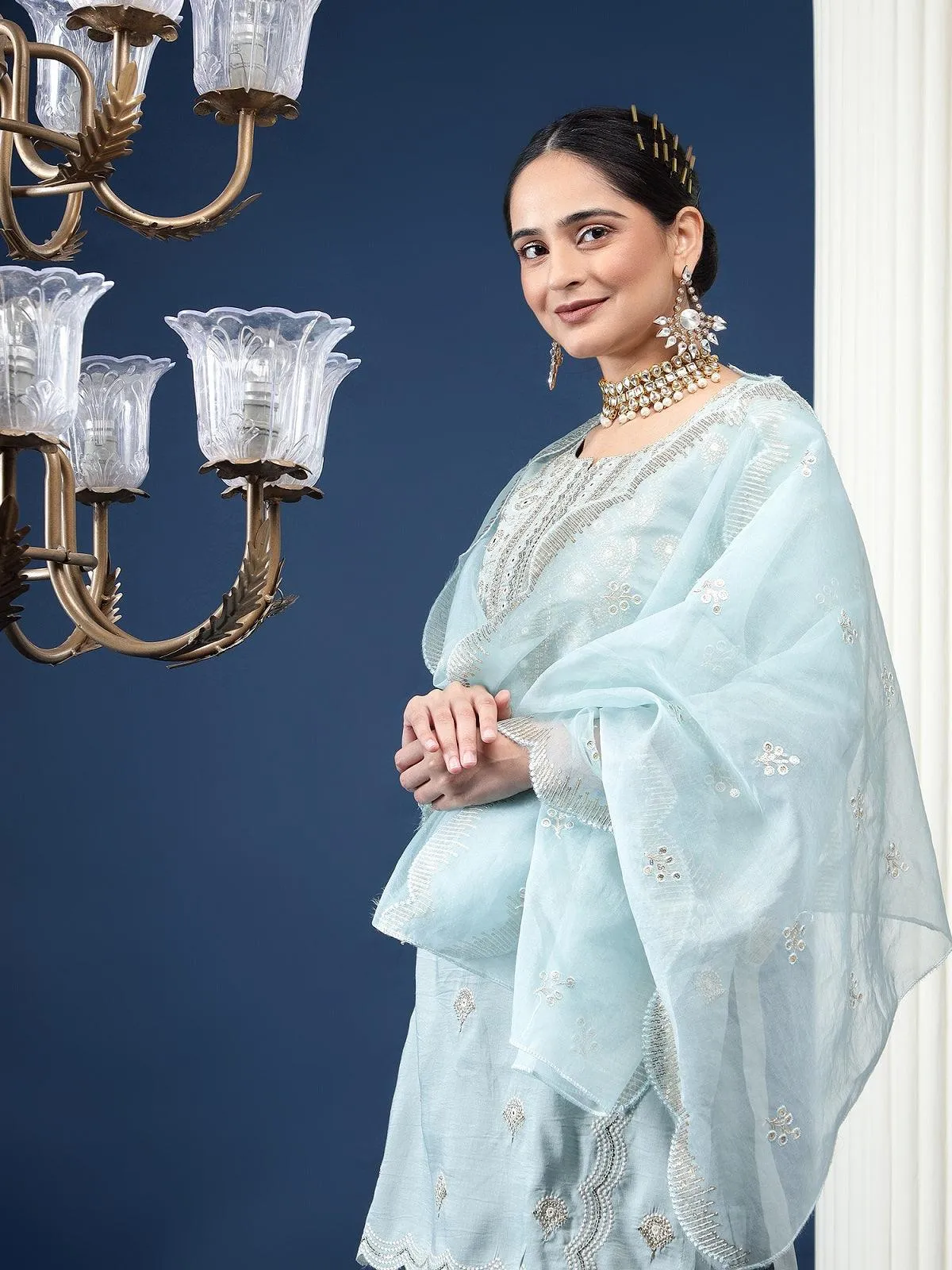 Rajwah Silk Women Grey Embroidered Kurta Dupatta Set with Flared Palazzo