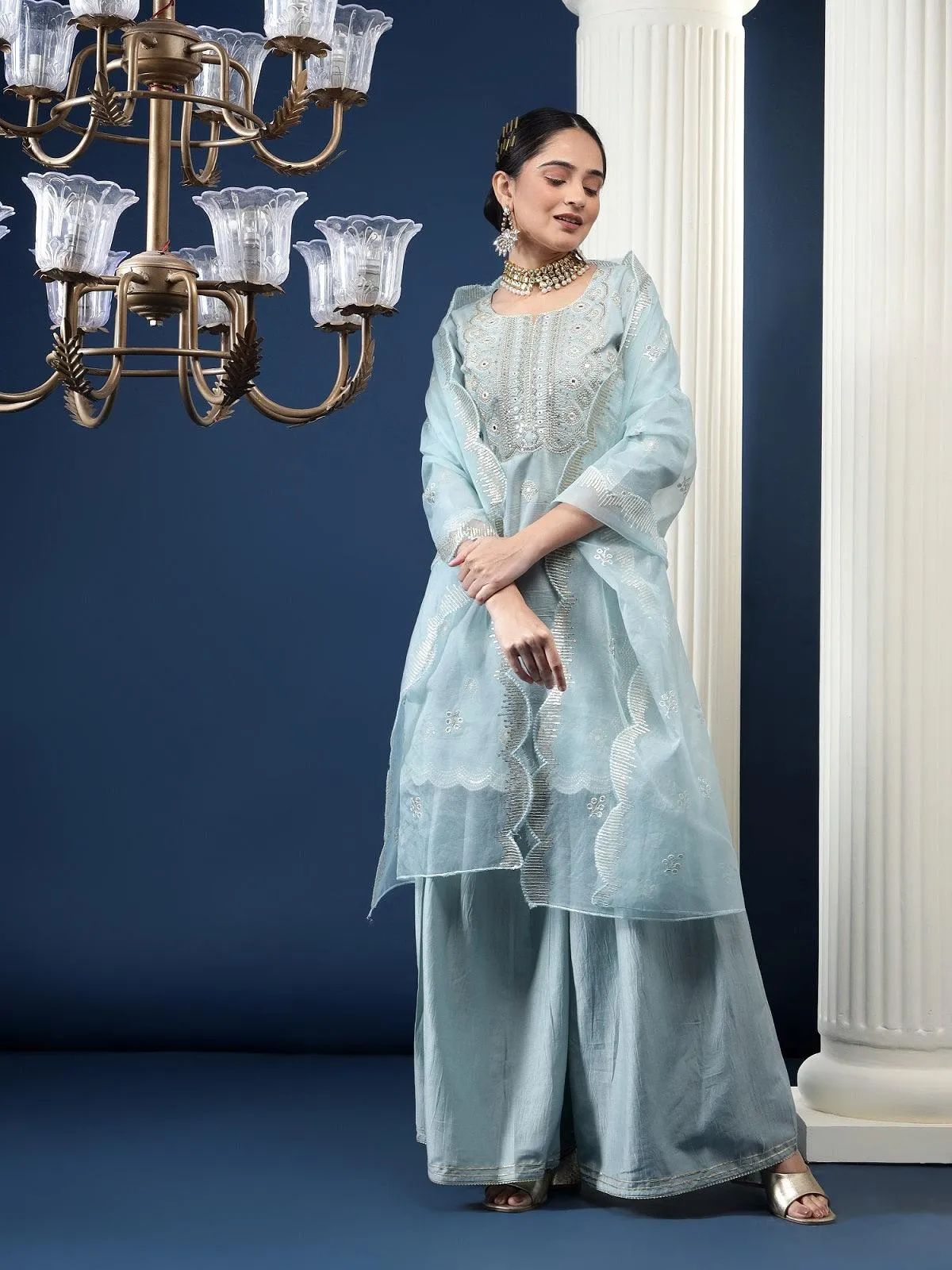 Rajwah Silk Women Grey Embroidered Kurta Dupatta Set with Flared Palazzo