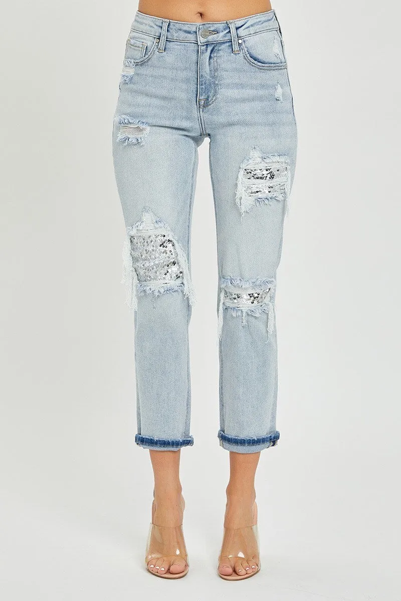 Risen MidRise Sequin Patch Tapered Jeans