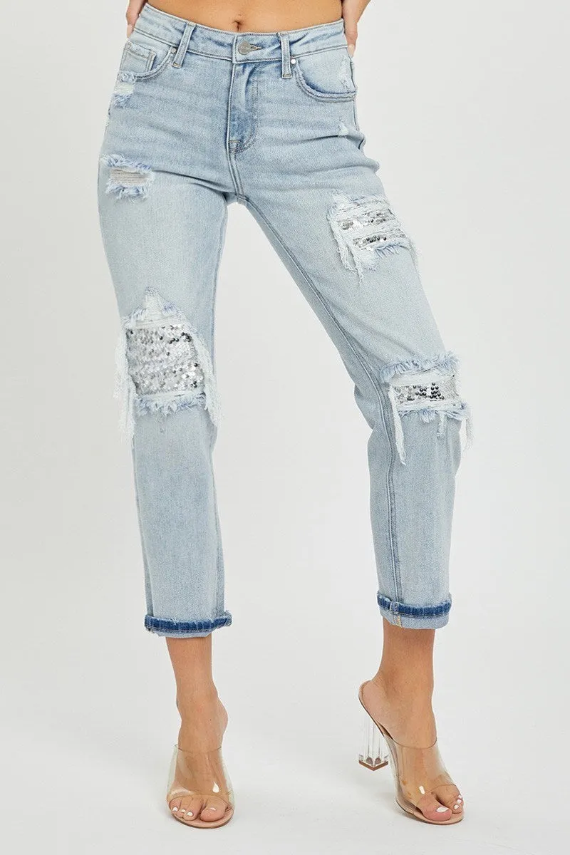 Risen MidRise Sequin Patch Tapered Jeans