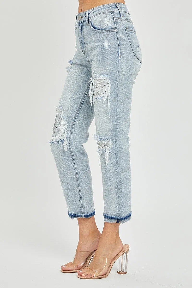 Risen MidRise Sequin Patch Tapered Jeans