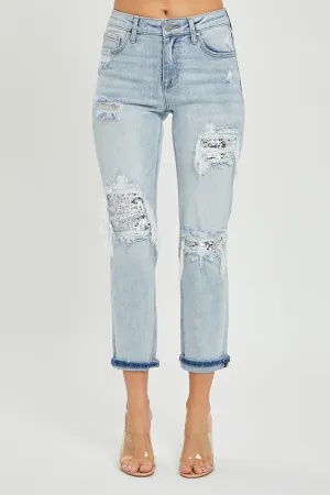 Risen MidRise Sequin Patch Tapered Jeans