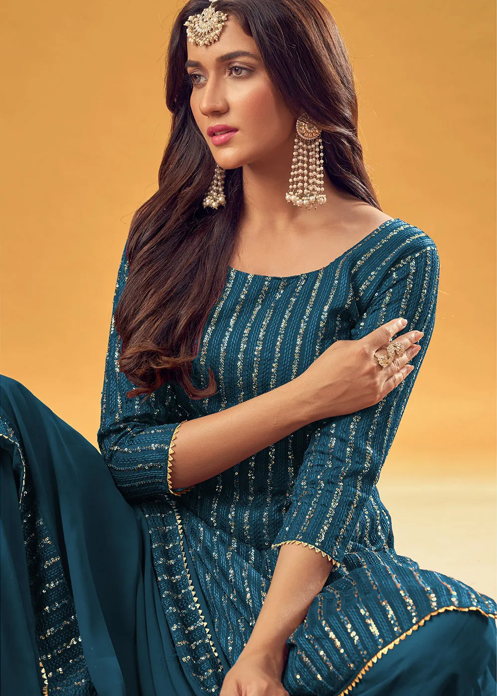 Sapphire Blue Embroidered Indian Designer Gharara Suit