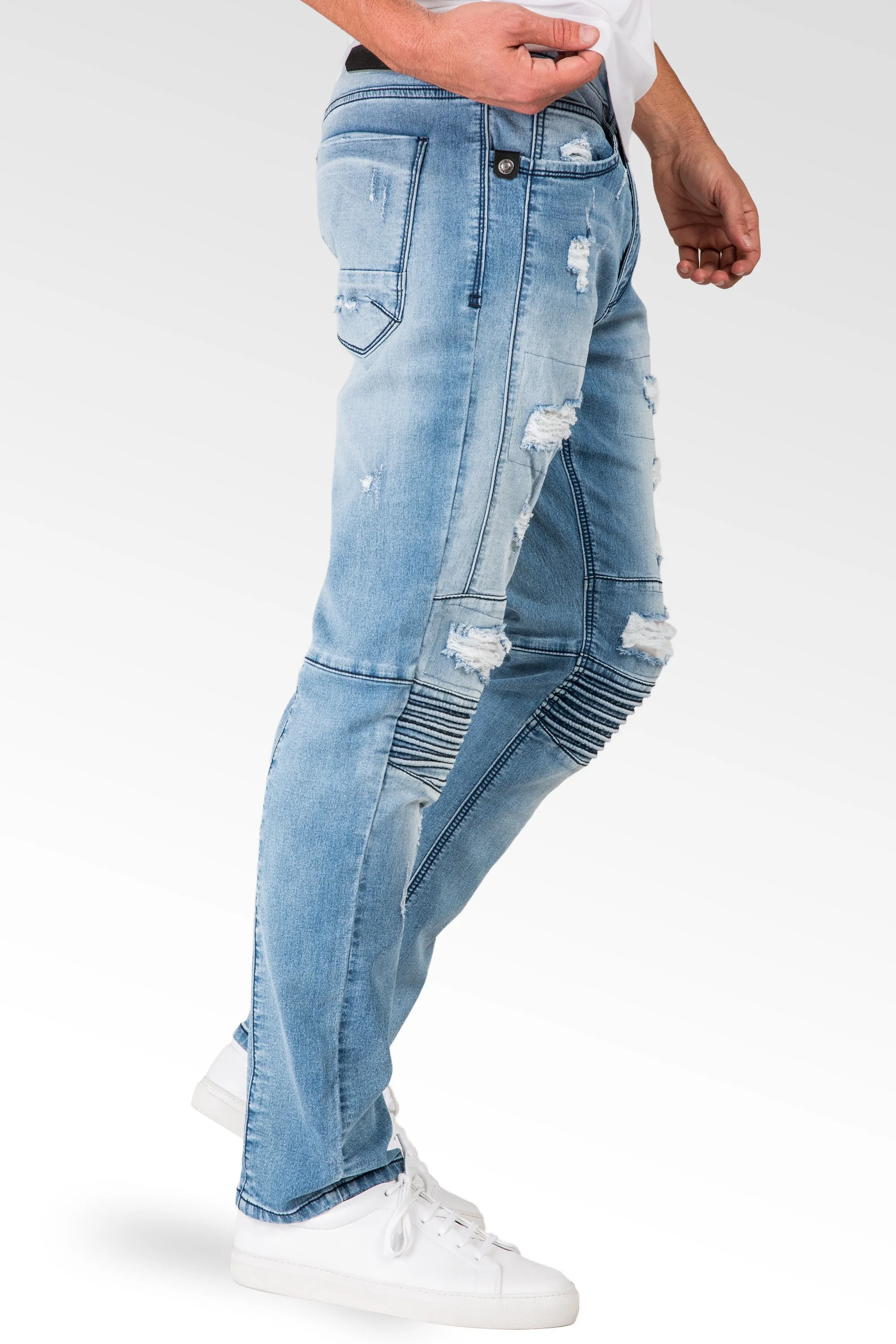 Slim Tapered Leg Premium Knit Denim Bleached Blue Moto Jeans Distressed & Mended