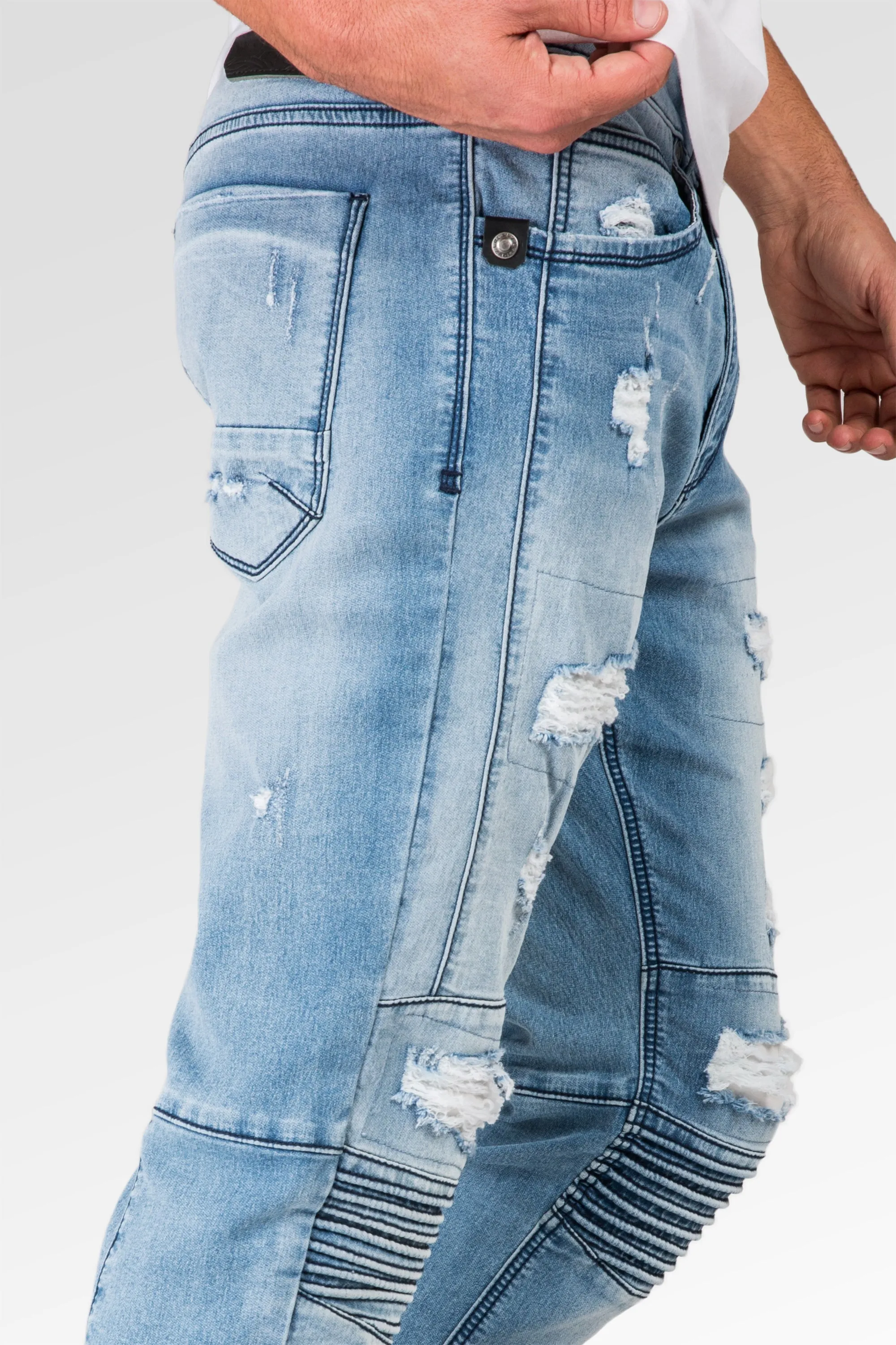 Slim Tapered Leg Premium Knit Denim Bleached Blue Moto Jeans Distressed & Mended