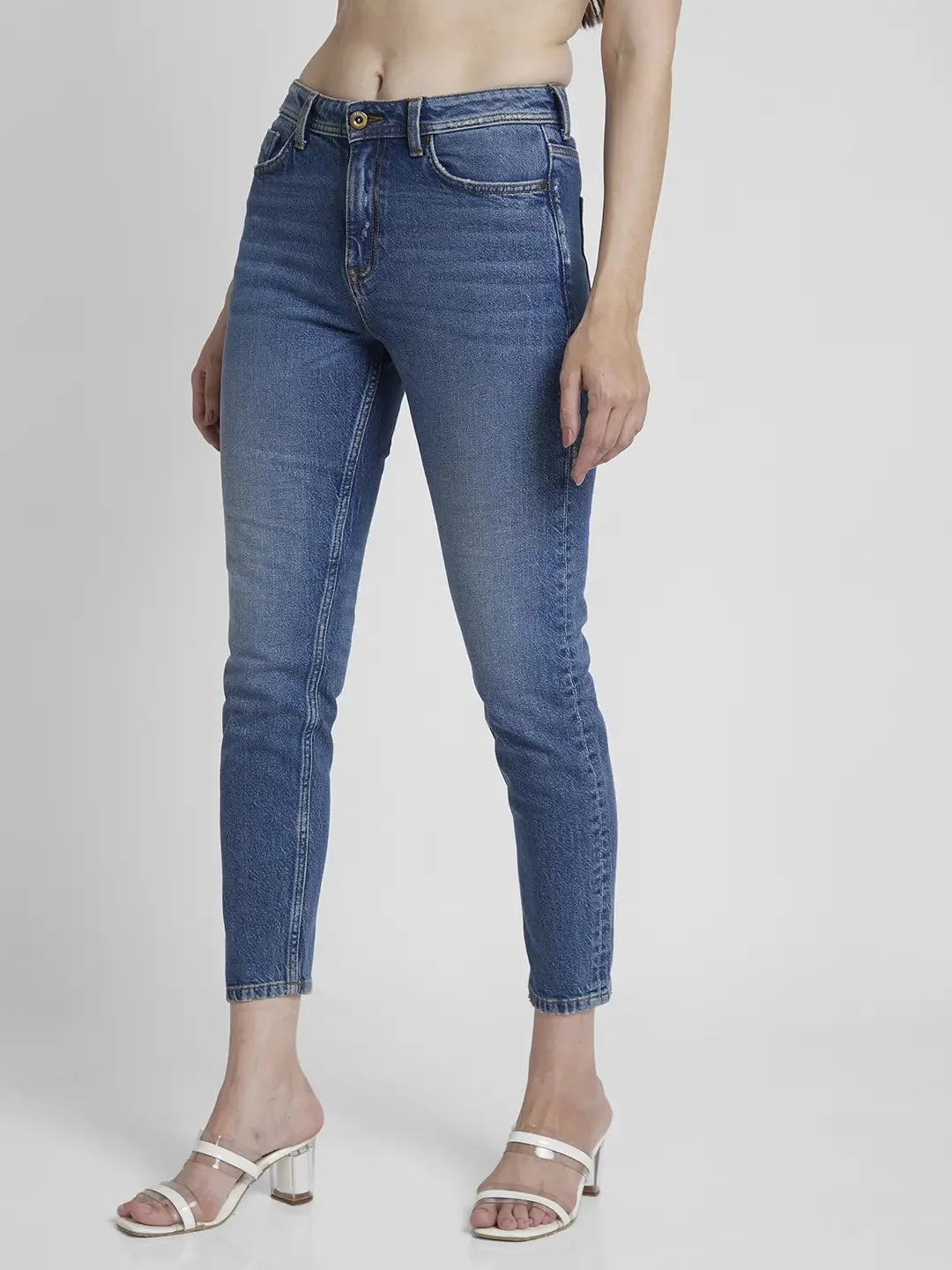 Spykar Women Mid Blue Cotton Mom Fit Ankle Length Highly Distressed Jeans -(Amora)