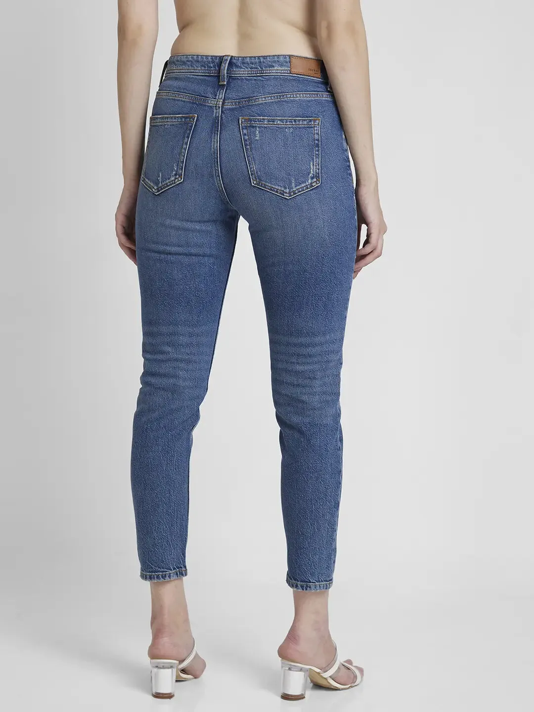 Spykar Women Mid Blue Cotton Mom Fit Ankle Length Highly Distressed Jeans -(Amora)