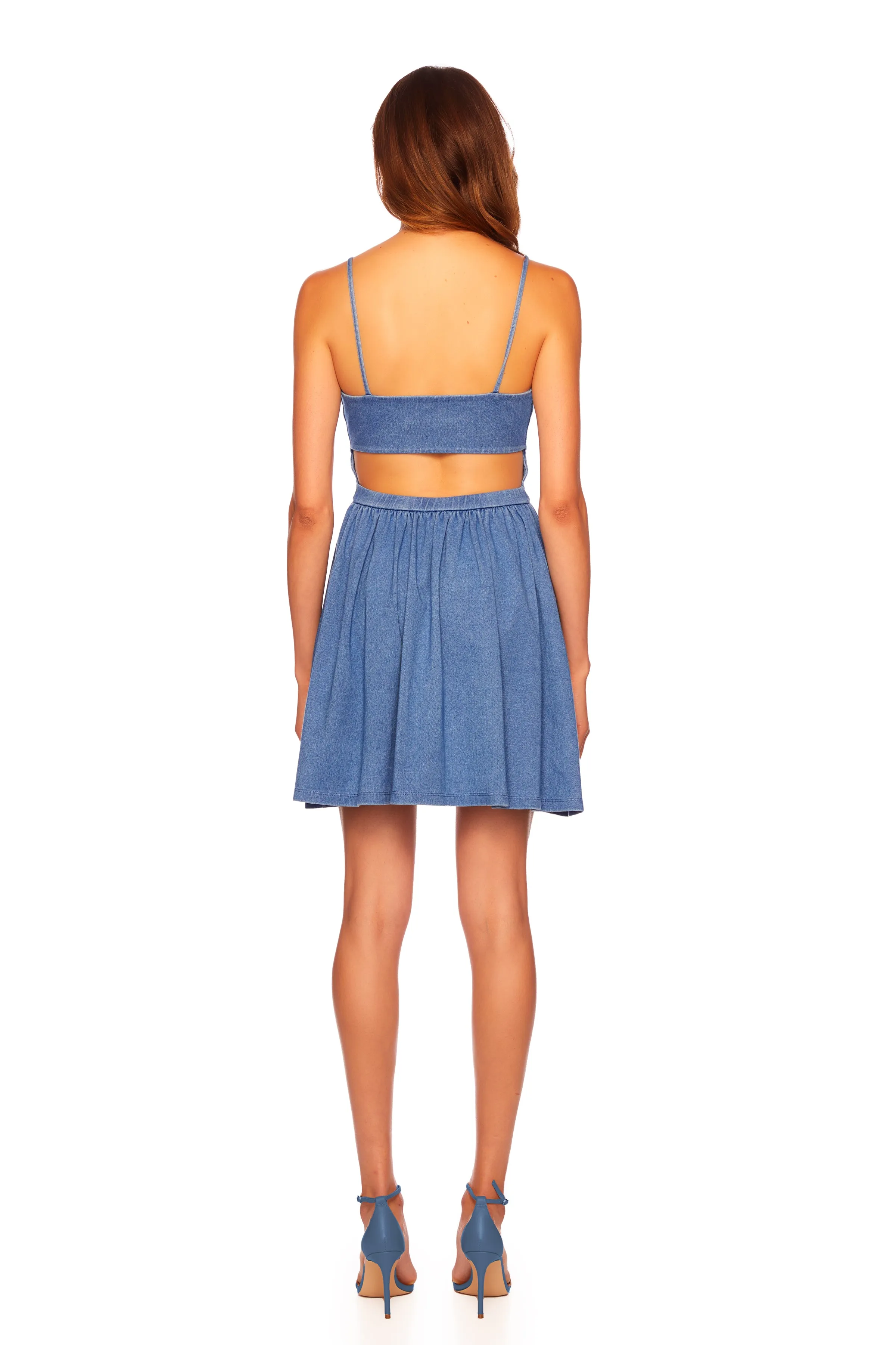 stretch denim open back dress