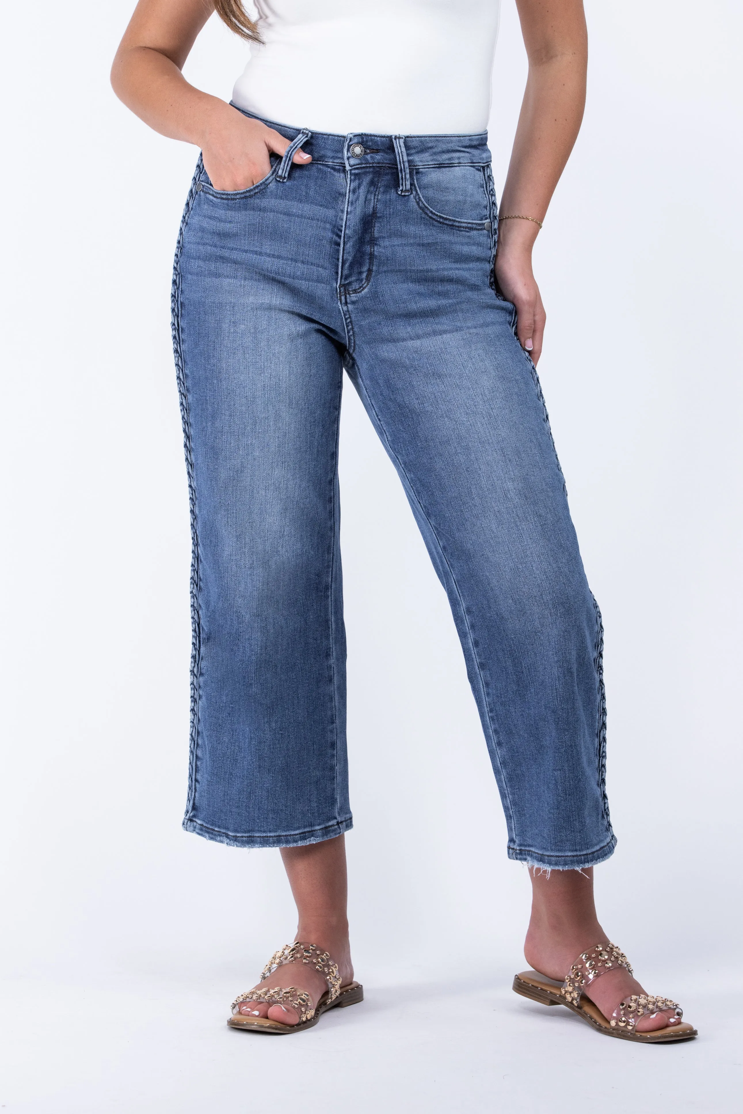 The Aurora from Judy Blue: High-Rise Braid SS Detail Crop Wide Leg Denim