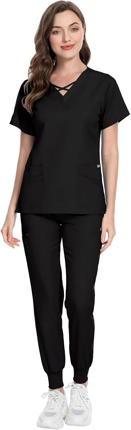 VIAOLI Scrubs for Women Set Modern V-Neck Top & 8 Pocket Jogger Pants Athletic Nursing Uniform Solid Stretch Workwear
