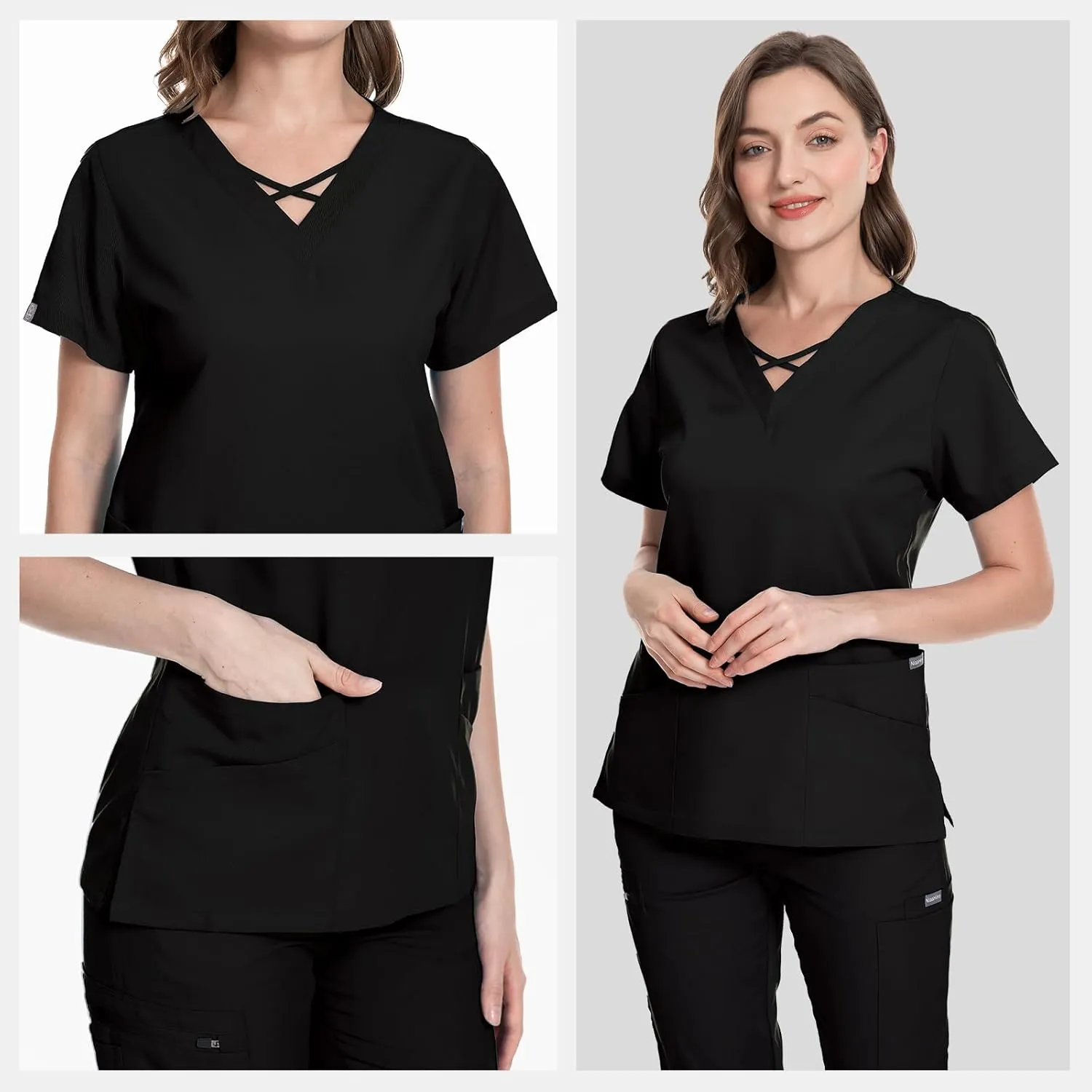 VIAOLI Scrubs for Women Set Modern V-Neck Top & 8 Pocket Jogger Pants Athletic Nursing Uniform Solid Stretch Workwear
