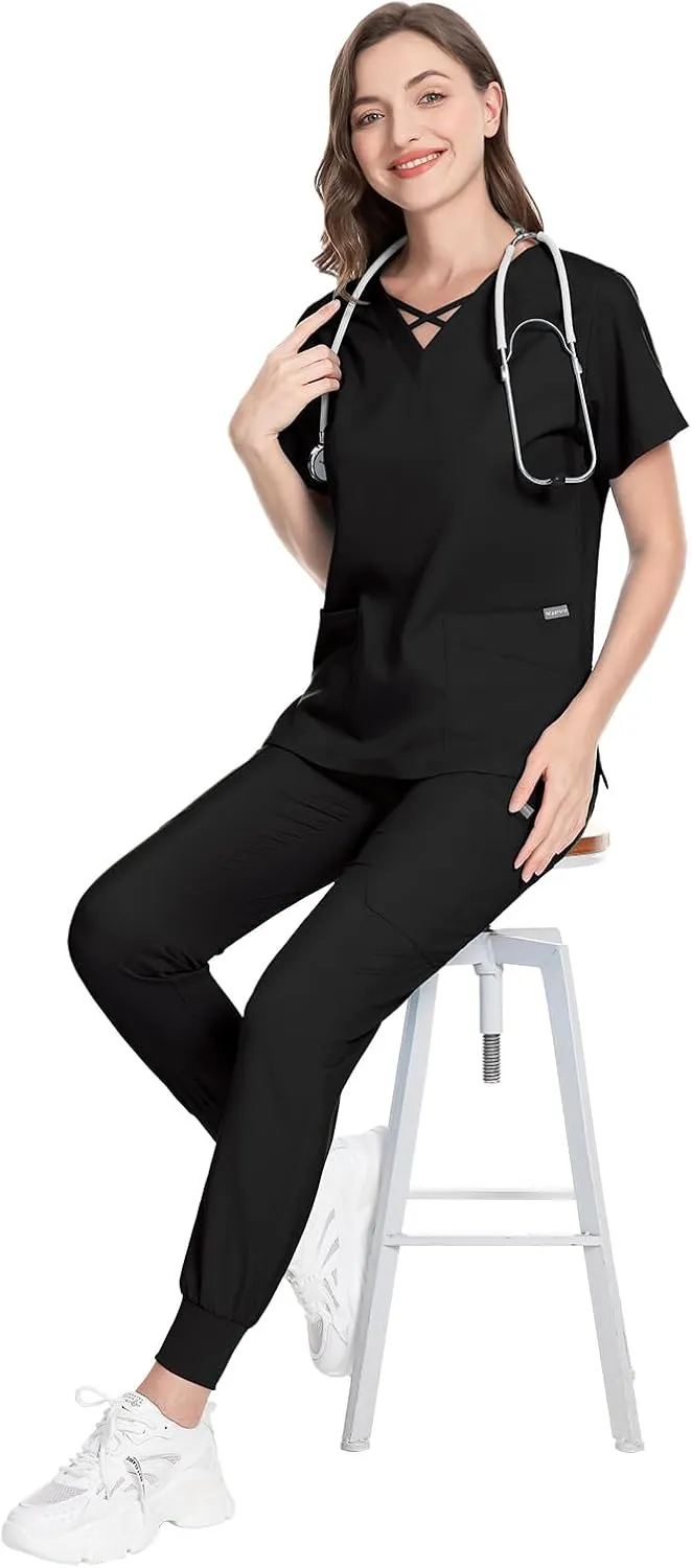 VIAOLI Scrubs for Women Set Modern V-Neck Top & 8 Pocket Jogger Pants Athletic Nursing Uniform Solid Stretch Workwear