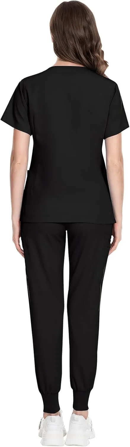 VIAOLI Scrubs for Women Set Modern V-Neck Top & 8 Pocket Jogger Pants Athletic Nursing Uniform Solid Stretch Workwear
