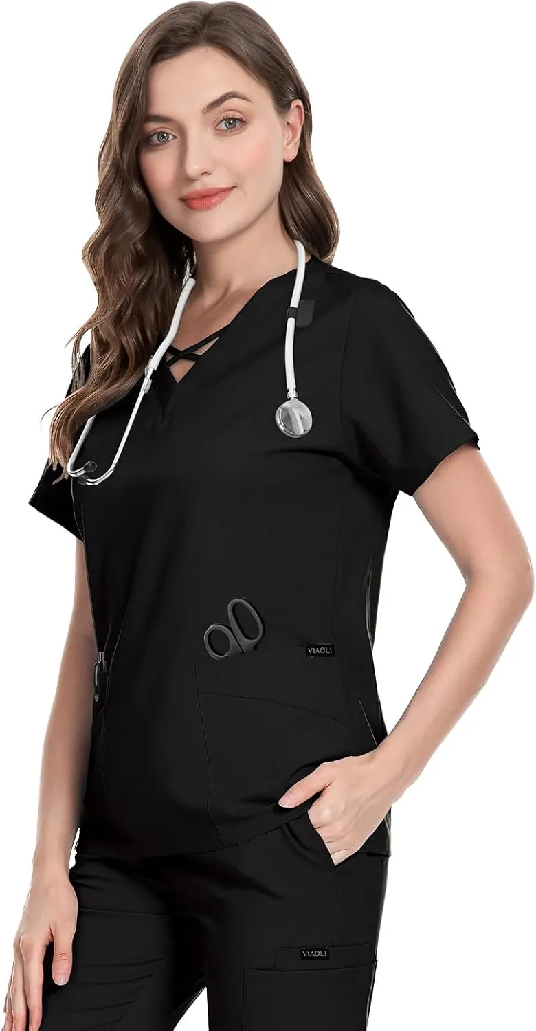 VIAOLI Scrubs for Women Set Modern V-Neck Top & 8 Pocket Jogger Pants Athletic Nursing Uniform Solid Stretch Workwear
