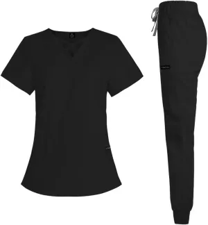 VIAOLI Scrubs for Women Set Modern V-Neck Top & 8 Pocket Jogger Pants Athletic Nursing Uniform Solid Stretch Workwear