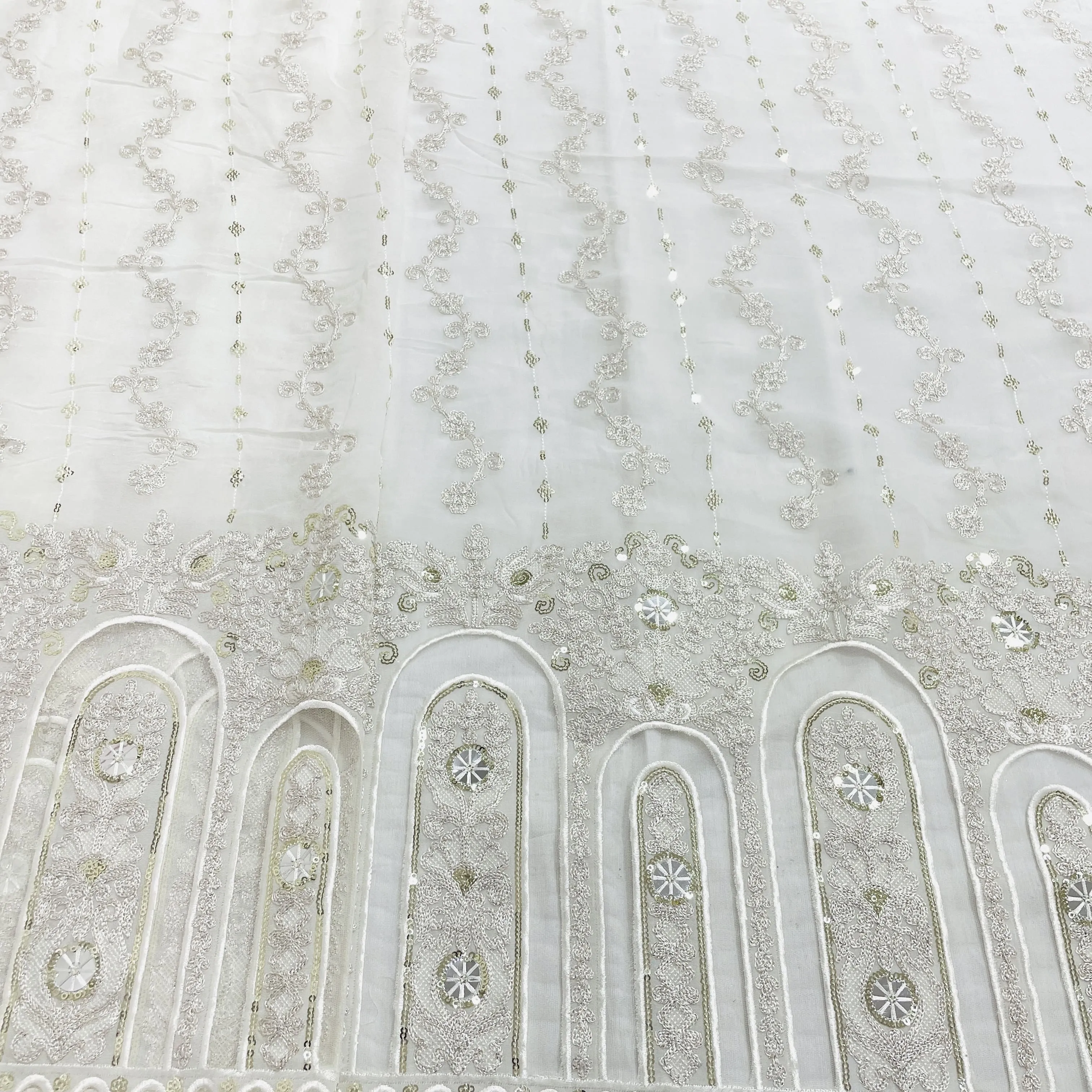 White & Silver Floral Sequins Embroidery Dyeable Georgette Fabric