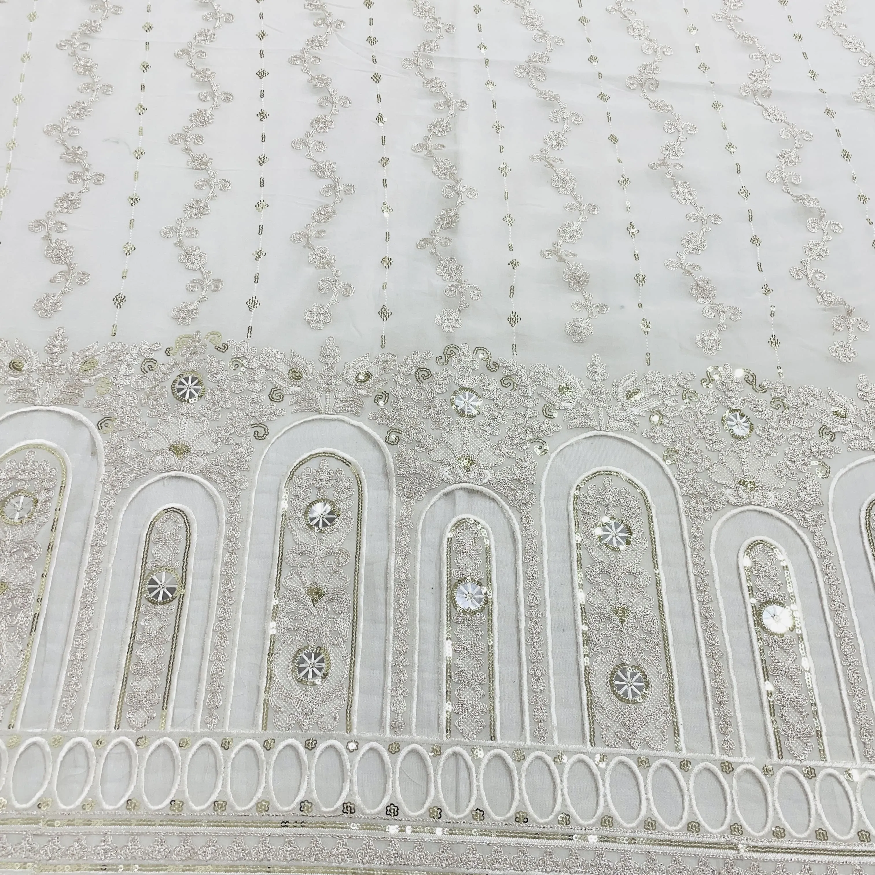 White & Silver Floral Sequins Embroidery Dyeable Georgette Fabric