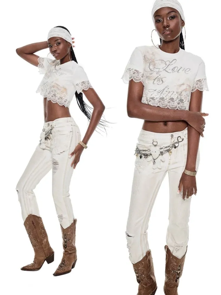 White hot gold hole Slim jeans【s0000009685】