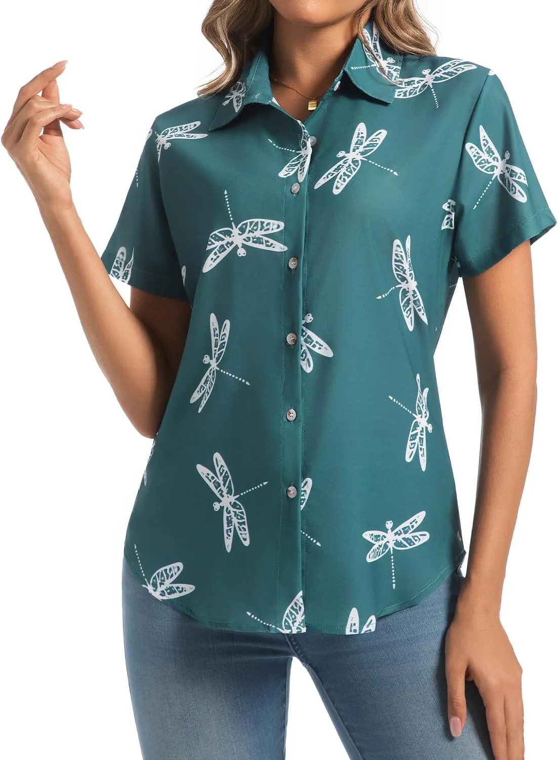 Womens Button Down Shirts Short Sleeve Summer Linen V Neck Collared Hawaiian Floral Print Cat Casual Blouse Tops