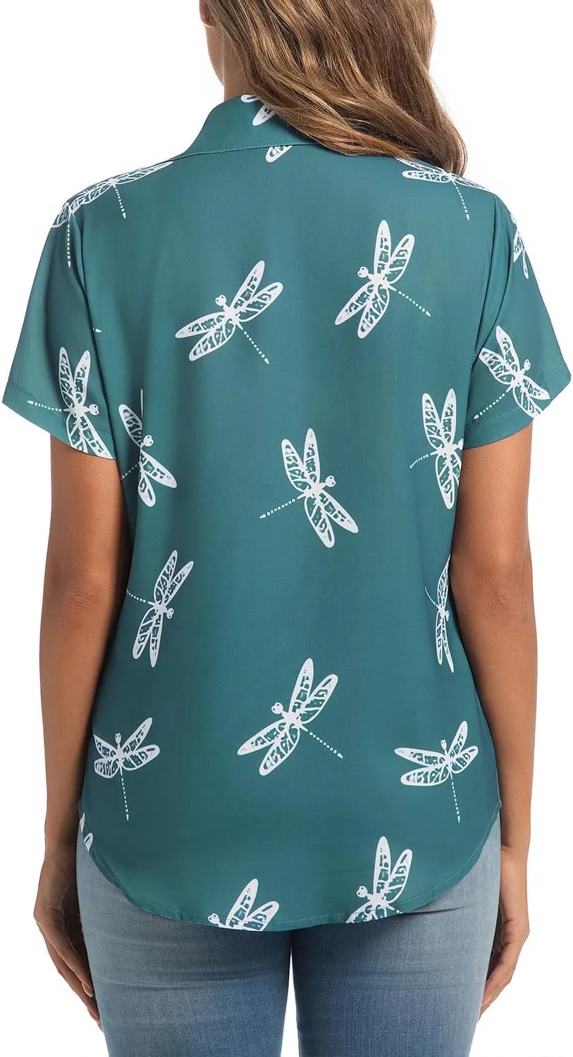 Womens Button Down Shirts Short Sleeve Summer Linen V Neck Collared Hawaiian Floral Print Cat Casual Blouse Tops