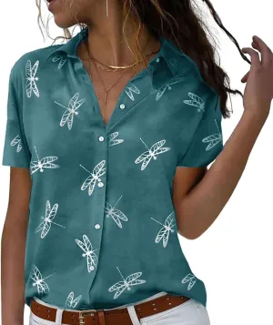 Womens Button Down Shirts Short Sleeve Summer Linen V Neck Collared Hawaiian Floral Print Cat Casual Blouse Tops