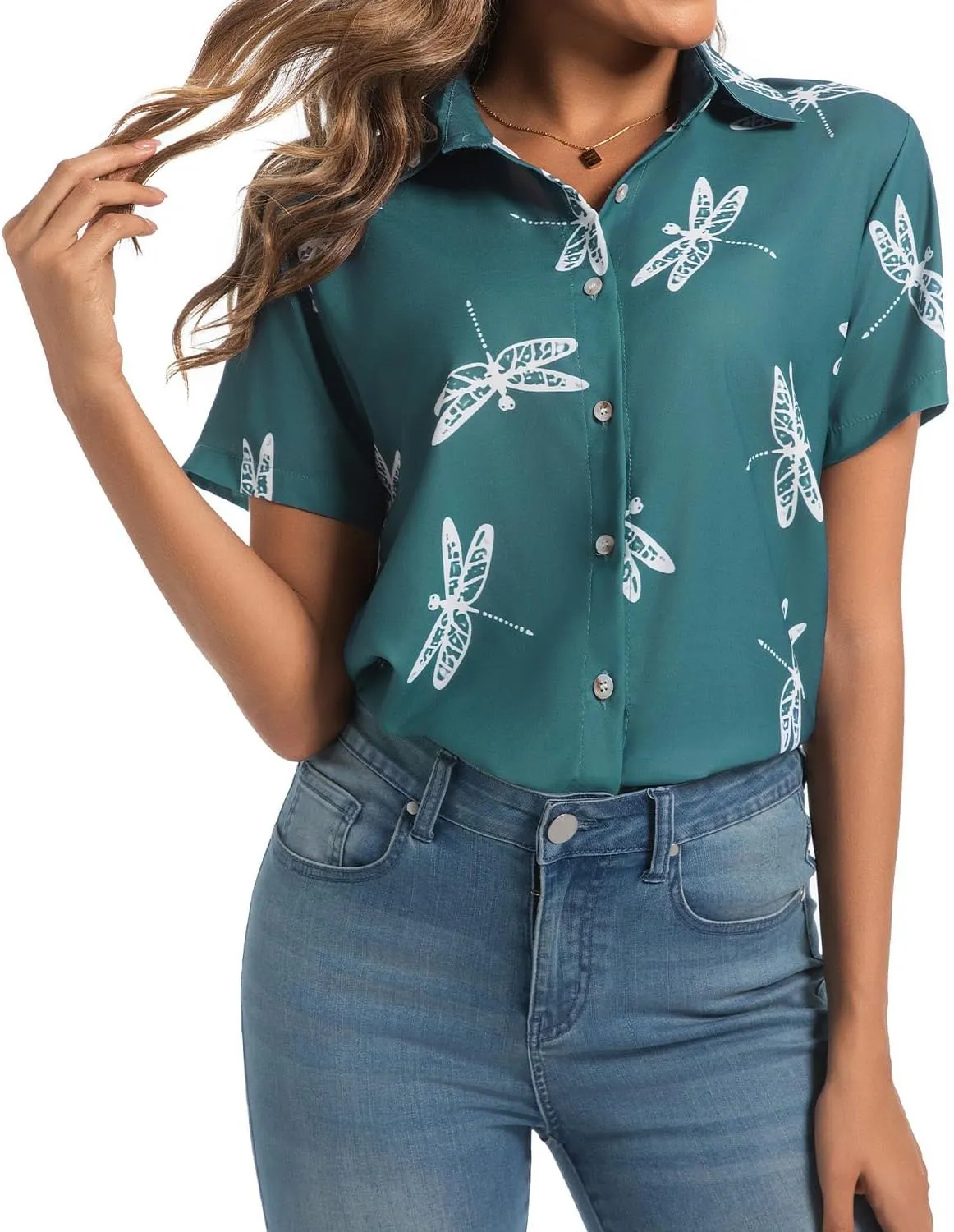 Womens Button Down Shirts Short Sleeve Summer Linen V Neck Collared Hawaiian Floral Print Cat Casual Blouse Tops